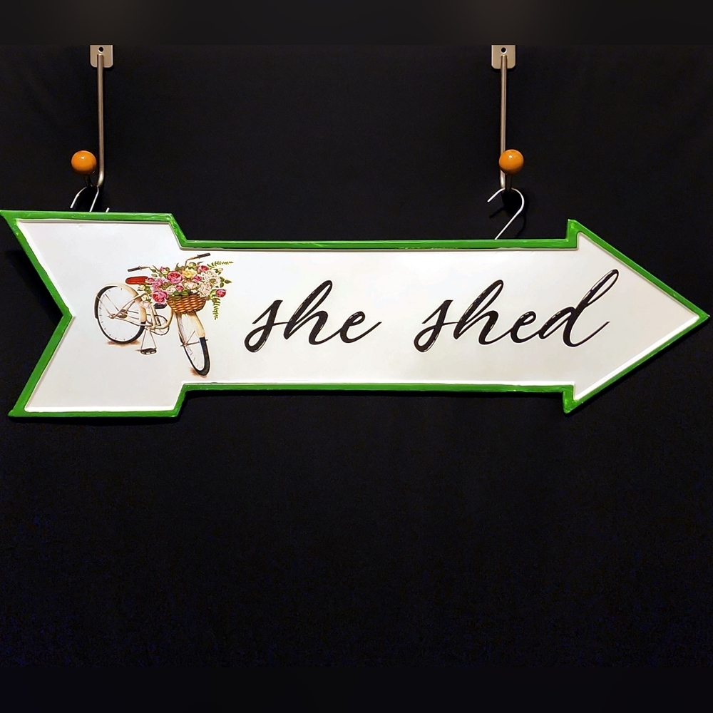 Bnwt "She Shed" sturdy tin arrow w/bike & basket of flowers 27"w X 8"t